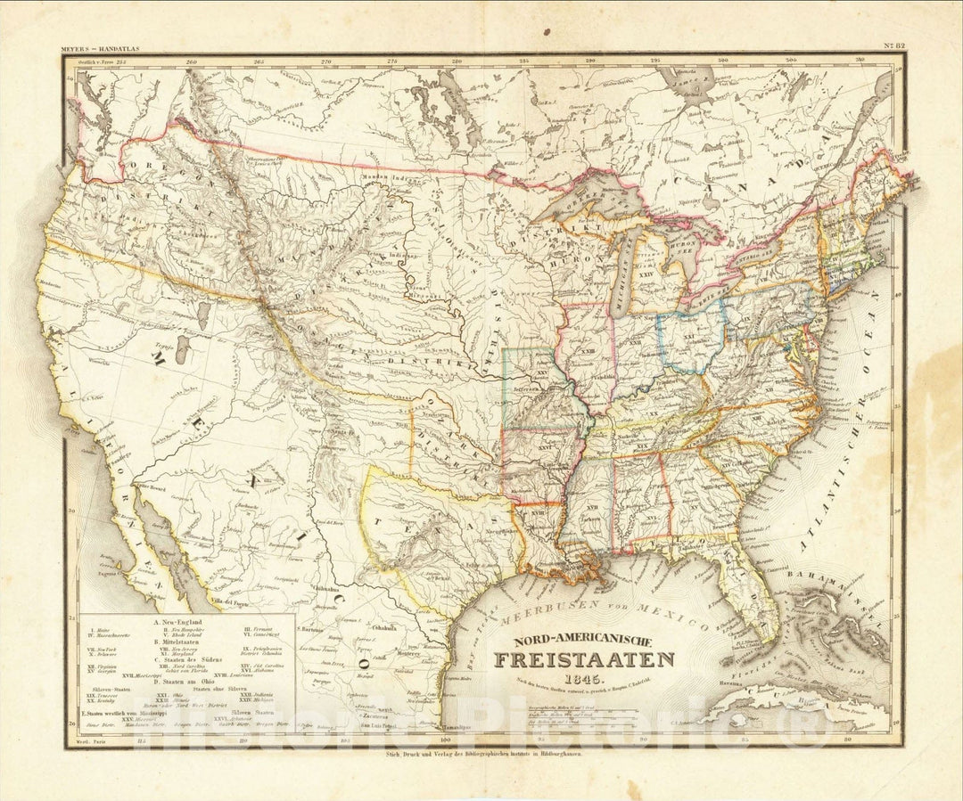 Historic Map : Nord-Americanische Freistaaten 1845 (Republic of Texas), 1845, Joseph Meyer, Vintage Wall Art