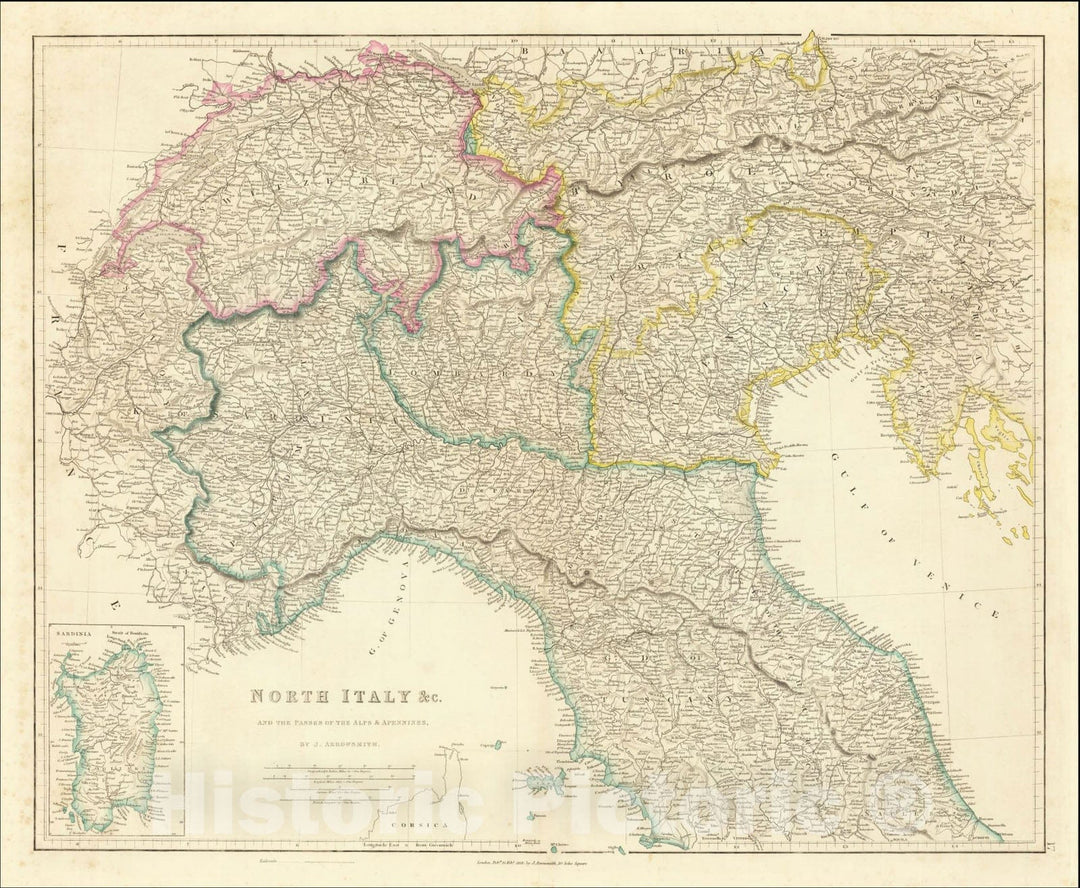 Historic Map : Italy Northern Part &c. and the Passes of the Alps & Apennines, 1858, John Arrowsmith, Vintage Wall Art