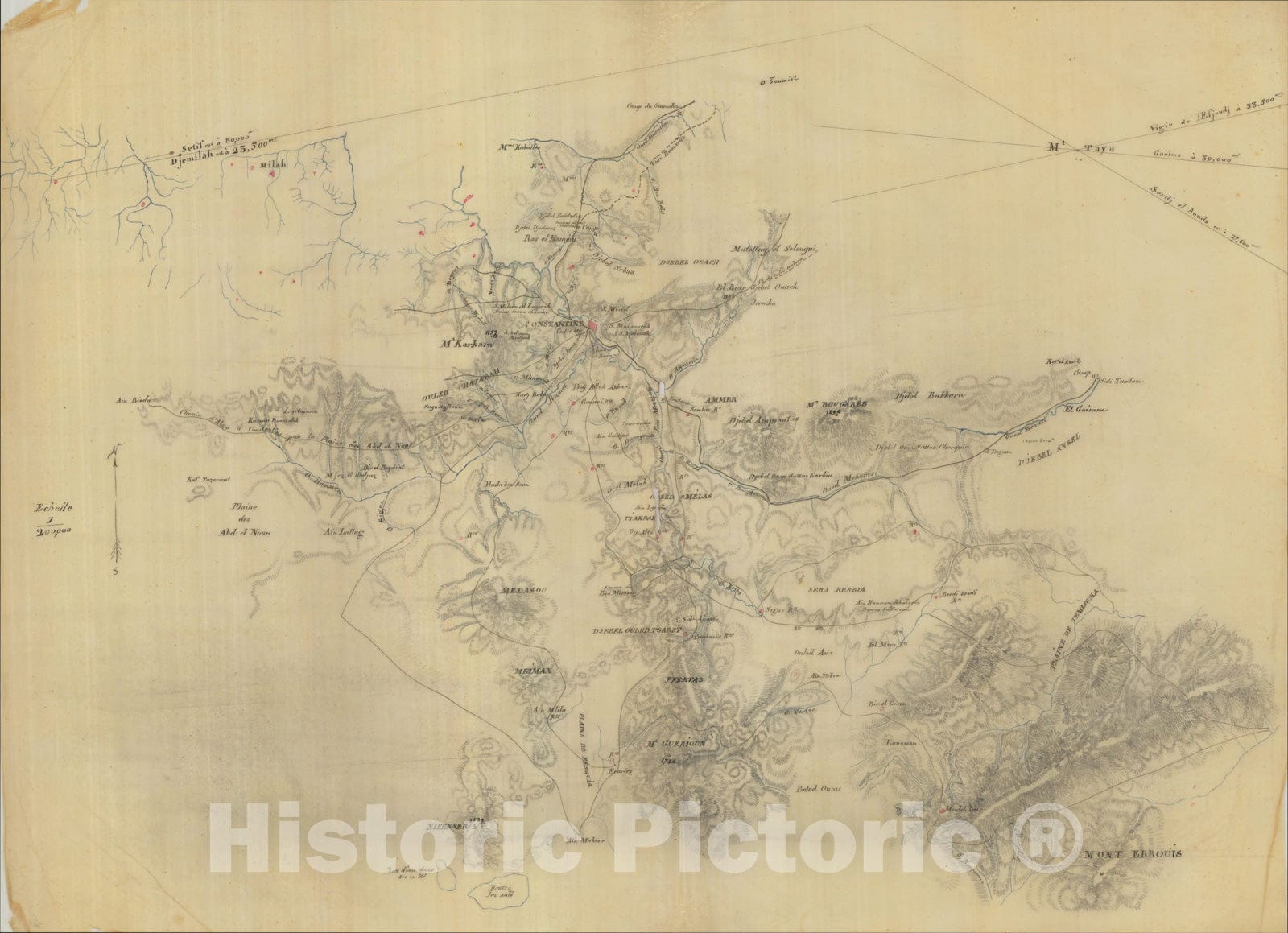 Historic Map : (Military Manuscript Map - Algeria) Constantine & Environs, c1837, , Vintage Wall Art