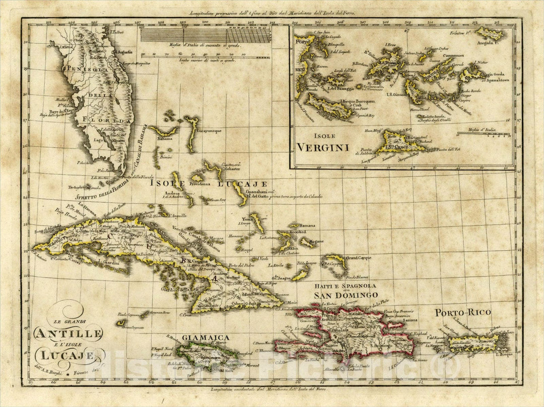 Historic Map : Le Grandi Antille e l'Isole Lucaje [Large inset of the Virgin Islands and Eastern Puerto Rico], 1818, Borghi, Vintage Wall Art