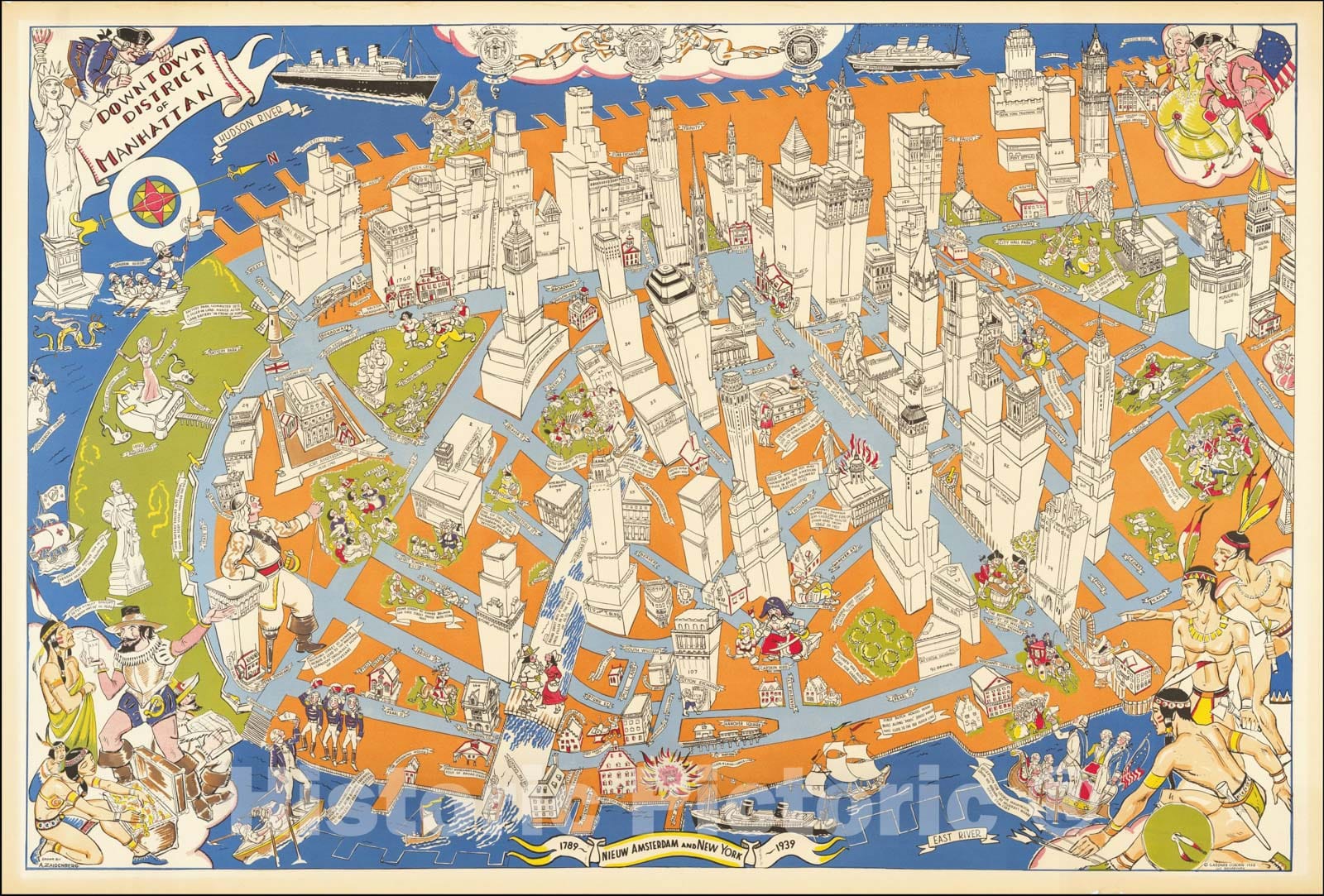 Historic Map : Downtown District of Manhattan, 1938, Arthur Zaidenberg, Vintage Wall Art