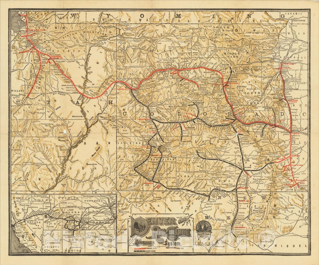 Historic Map : Denver and Rio Grande Railroad System, c1890, Denver & Rio Grande RR, Vintage Wall Art