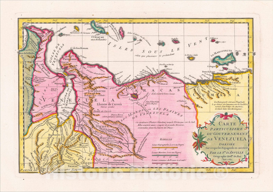 Historic Map : Carte Particuliere du Gouvernement de Venezuela, 1730, Jean-Baptiste Bourguignon d'Anville, Vintage Wall Art