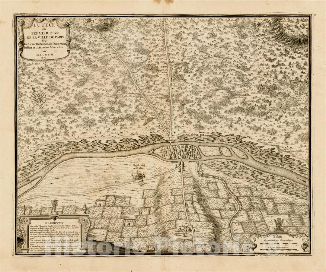 Historic Map : Paris in the time of the Romans, 1705, Nicolas Delamare, Vintage Wall Art