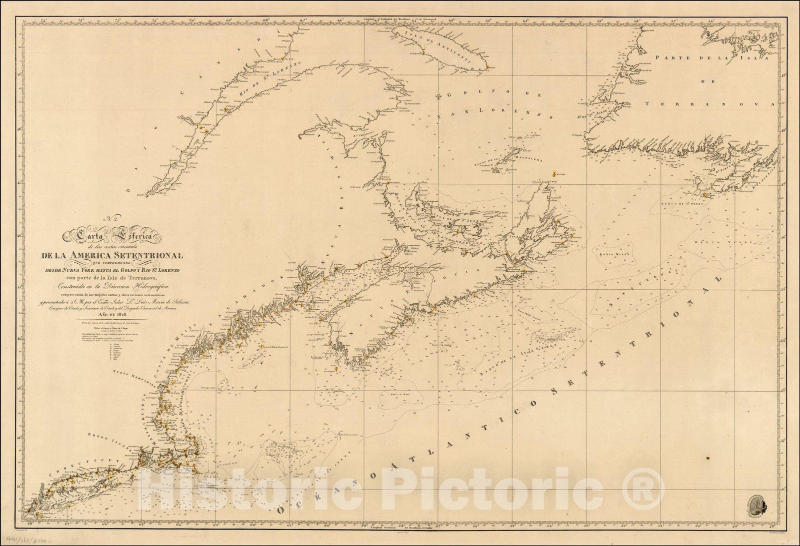 Historic Map : Carta Esferica de las Costas Orientales de la America Setentrional que Comprehende desde Nueva York, 1839, Direccion Hidrografica de Madrid, Vintage Wall Art