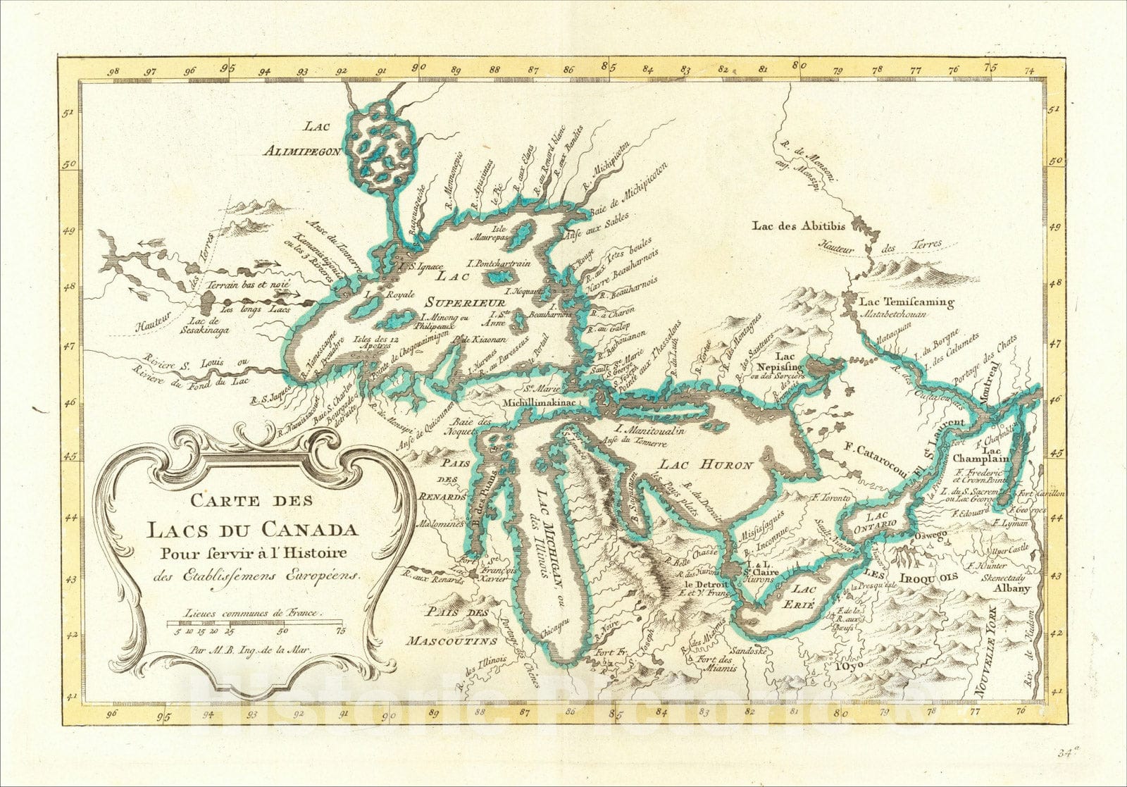 Historic Map : Carte Des Lacs Du Canada Pour servir a l'Histoire des Etablissements Europeens, c1757, Jacques Nicolas Bellin, Vintage Wall Art