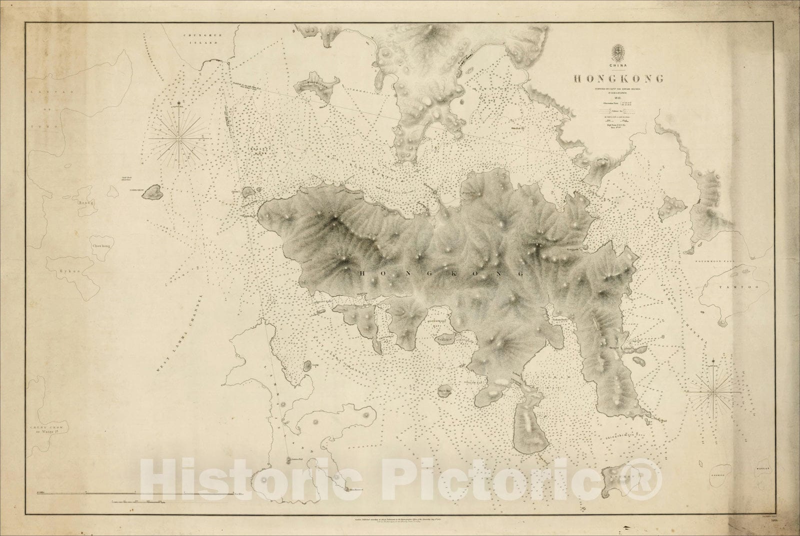 Historic Map : Hong Kong surveyed by Captn. Sir Edward Belcher, in H.M.S. Sulphur 1841, 1843, , Vintage Wall Art