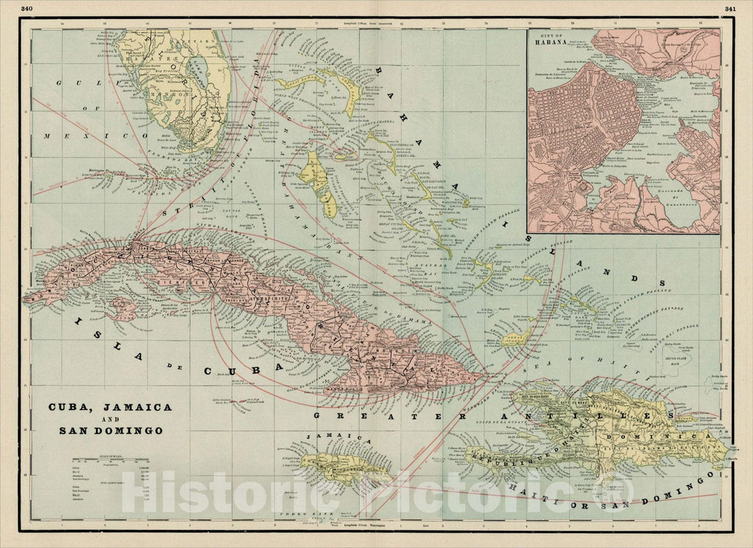 Historic Map : Cuba, Jamaica, and Santo Domingo, 1892, George F. Cram, Vintage Wall Art