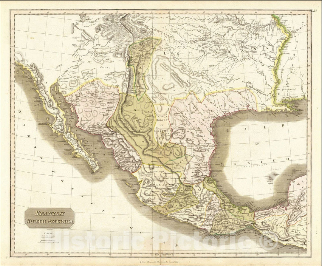 Historic Map : Spanish North America, 1814, John Thomson, Vintage Wall Art