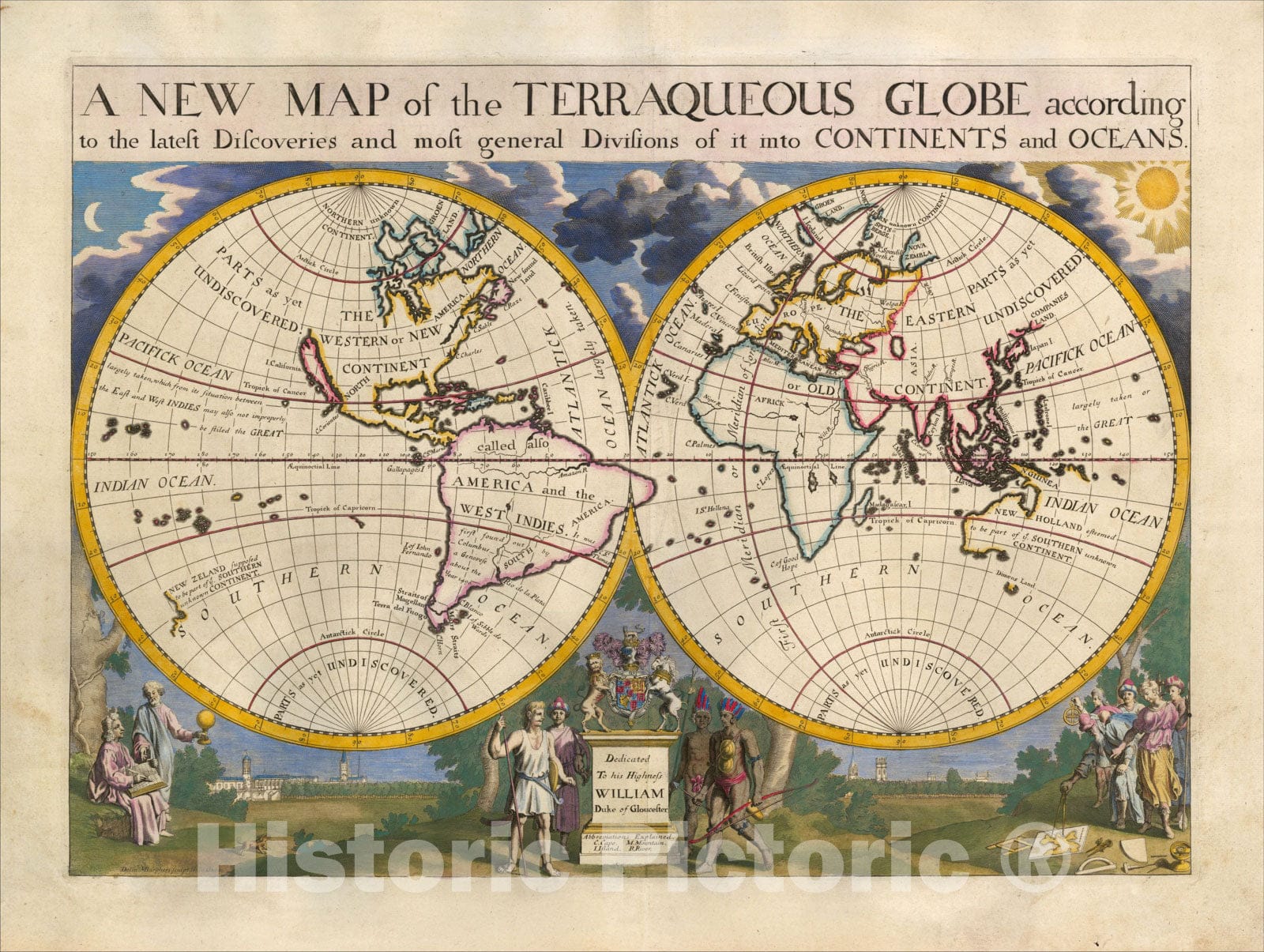 Historic Map : A New Map of the Terraqueous Globe according to the latest and most general Divisions of it into Continents and Oceans., 1700, Edward Wells, Vintage Wall Art