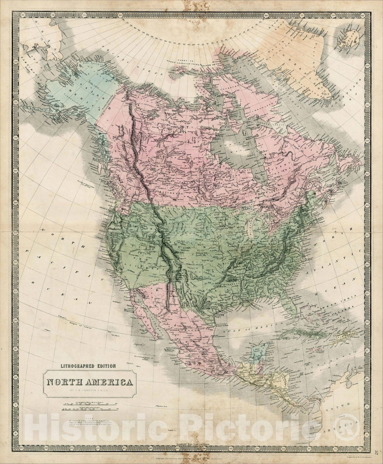 Historic Map : North America, 1850, W. & A.K. Johnston, Vintage Wall Art