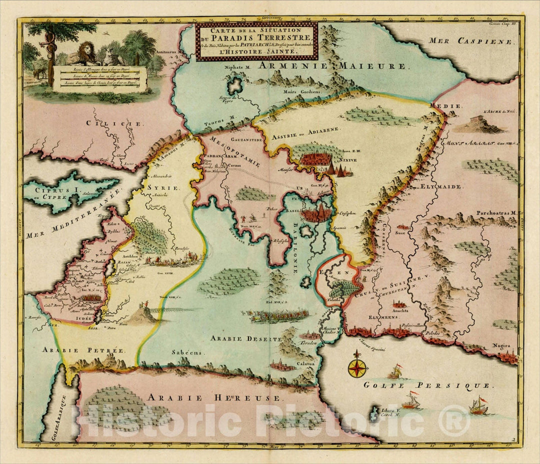 Historic Map : Carte de la Situation du Paradis Terrestre, Et des Pis Habitez par les Patriarches, [shows Cyprus], c1700, , Vintage Wall Art