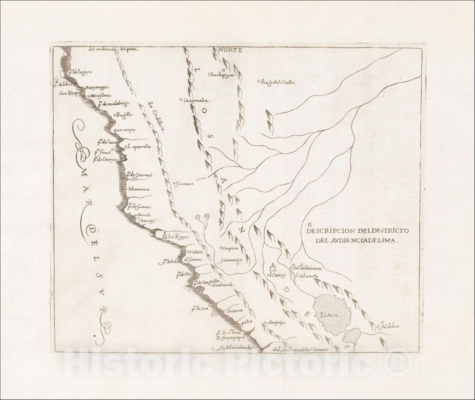 Historic Map : Descripcion Del Destrieto Del Audiencia De Lima (Peru, and parts of Colombia, and Brazil), 1666, Antonio de Herrera y Tordesillas, Vintage Wall Art