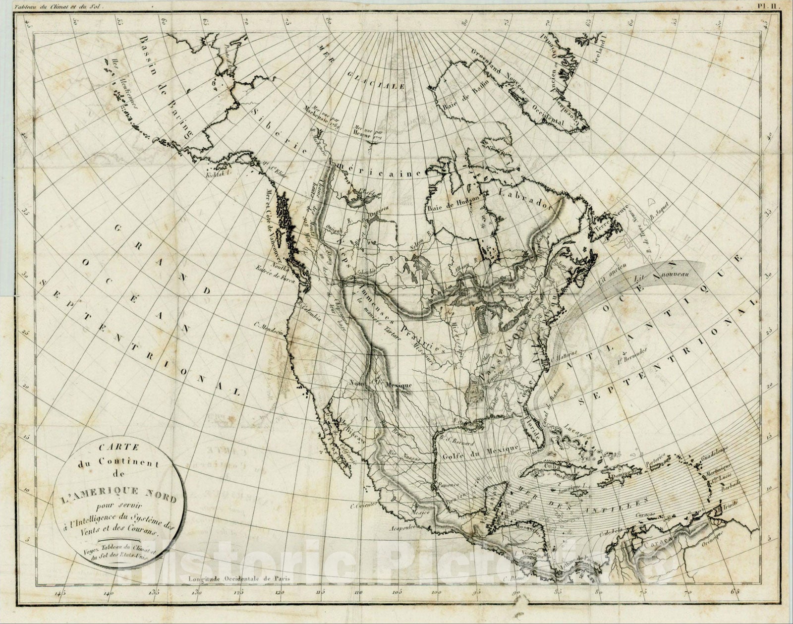 Historic Map : Carte du Continent de L'Amerique Nord pour servir a l'intelligence du Systeme des Vents et des Courans., 1803, Constantin F. Volney, Vintage Wall Art