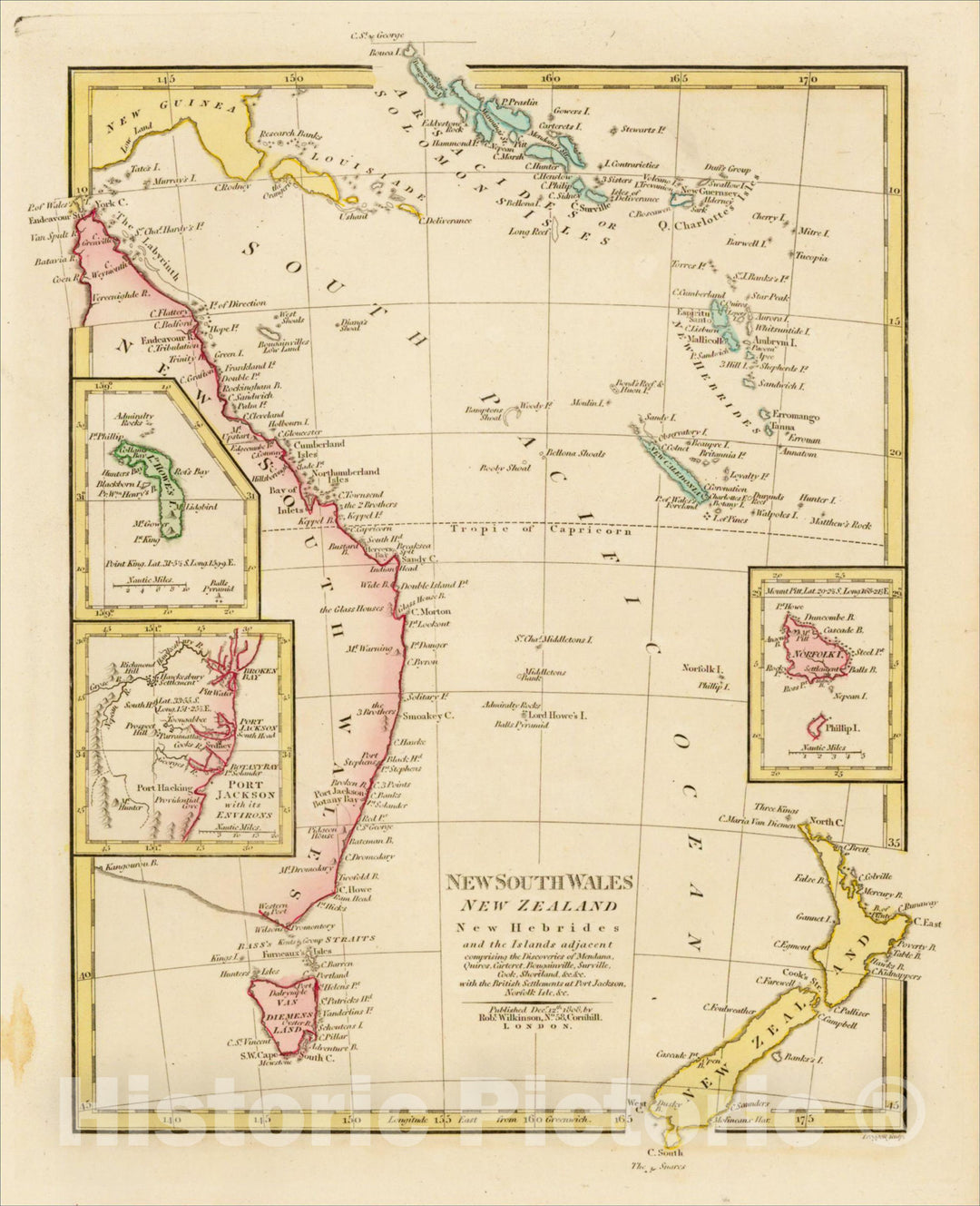 Historic Map : New South Wales, New Zealand, New Hebrides and the Islands Adjacent, 1808, Robert Wilkinson, v3, Vintage Wall Art