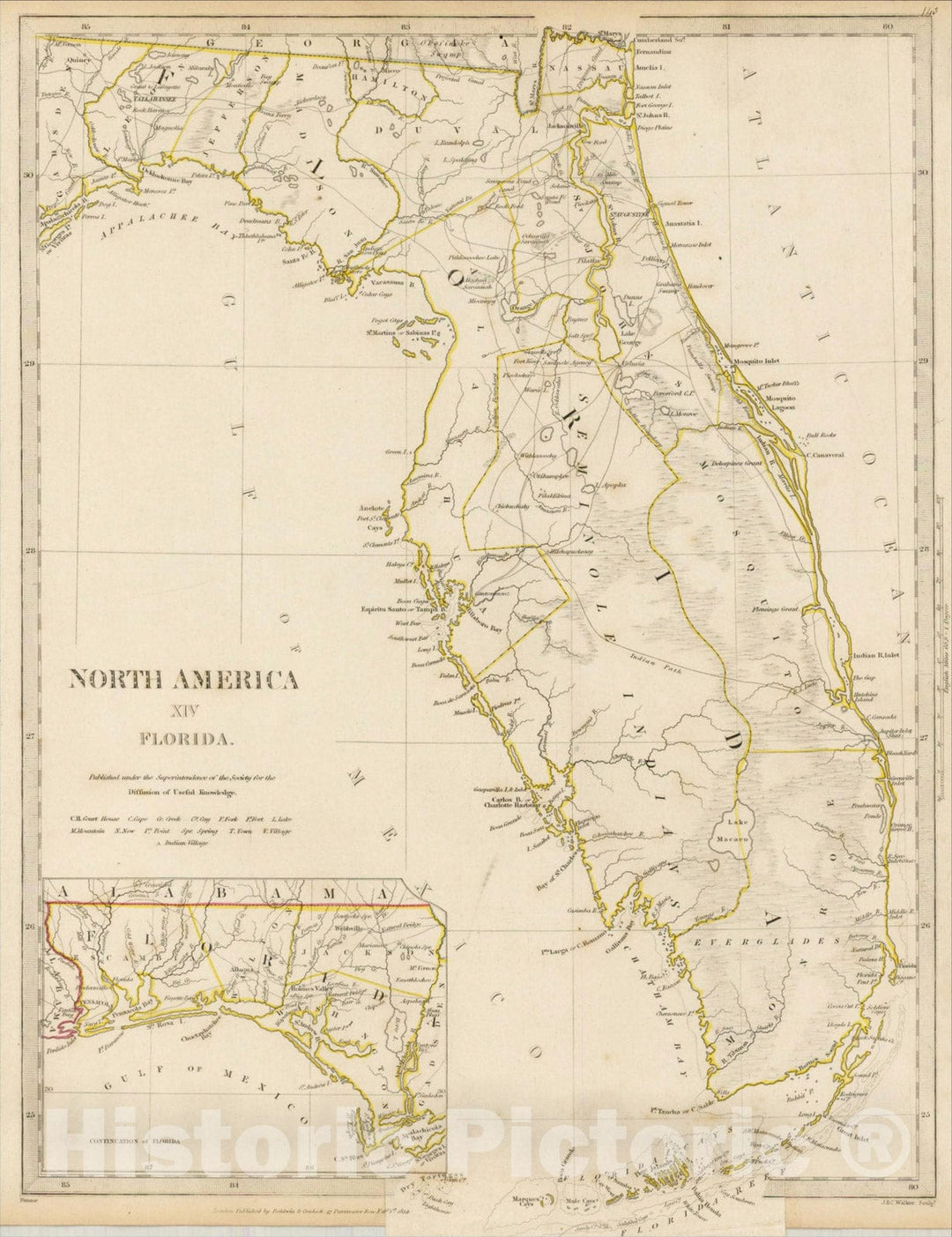 Historic Map : North America XIV Florida., 1834, SDUK, v6, Vintage Wall Art