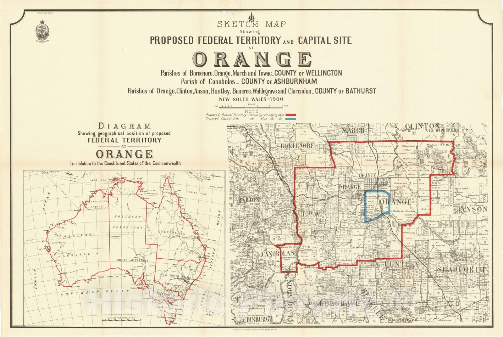 Historic Map : Boreenore, Orange, March, and Towac, County of Wellington; County of Bathurst, New South Wales 19, 1900, New South Wales Department of Lands, Vintage Wall Art