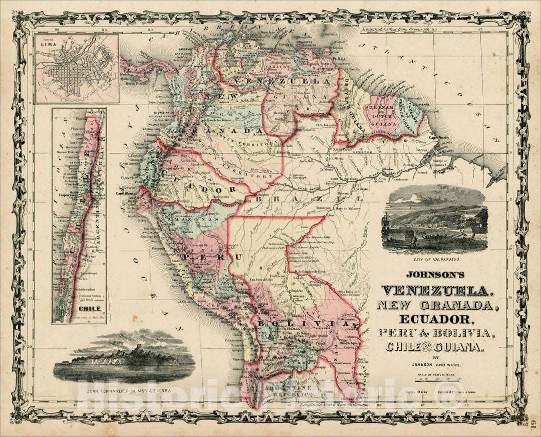 Historic Map : Johnson's Venezuela, New Granada, Ecuador, Peru, Bolivia, Chile and Guiana, 1863, Benjamin Ward, Vintage Wall Art