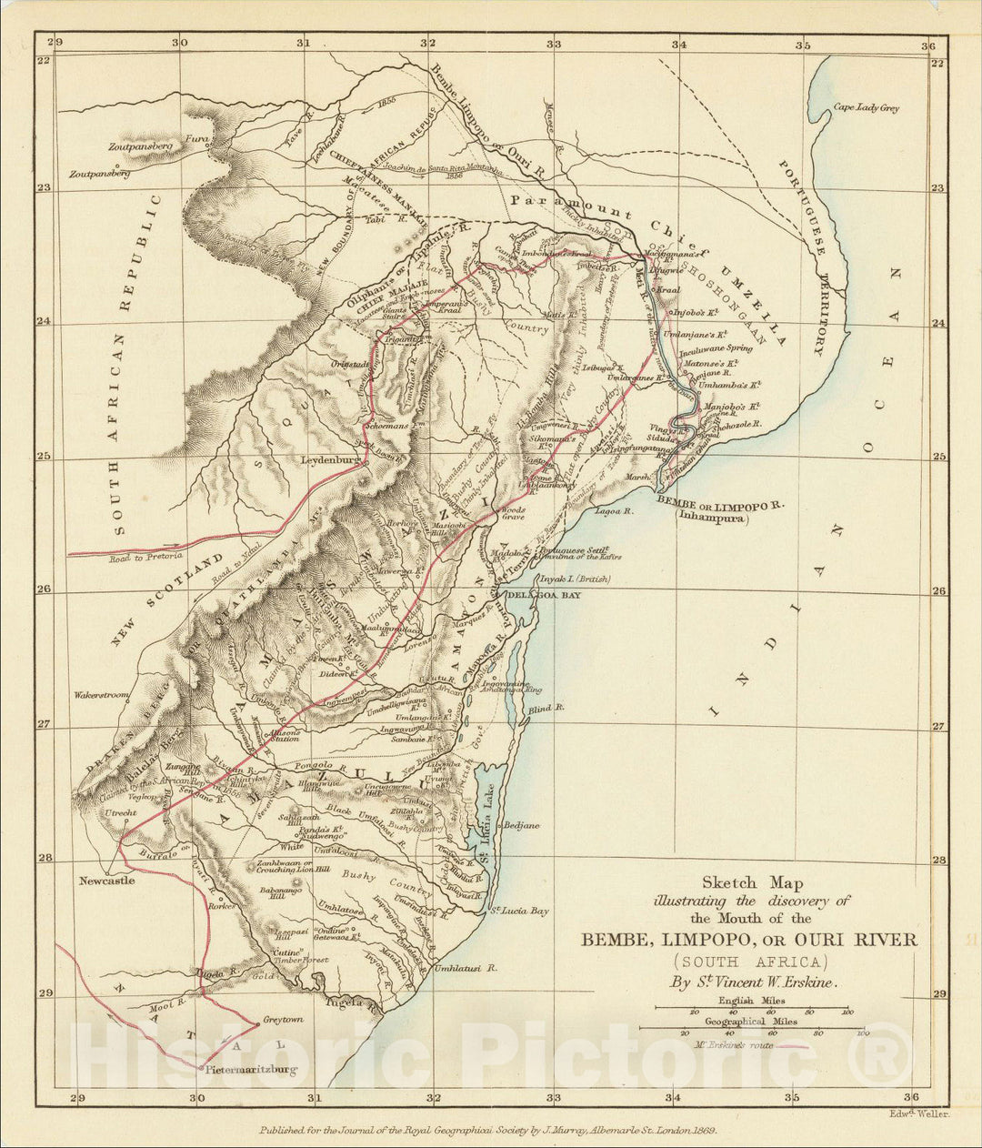 Historic Map : Sketch Map illustrating the discovery of the Mouth of the Bembe, Limpopo, or Ouri River (South Africa) By St. Vincent W. Erskine, 1869, Vintage Wall Art