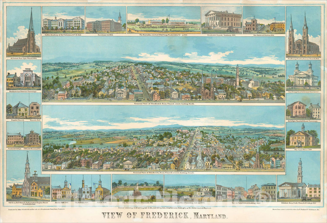 Historic Map : View of Frederick, Maryland, 1854, E. Sachse & Co., Vintage Wall Art