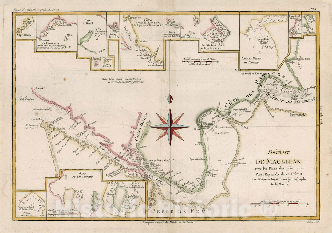 Historic Map : Detroit De Magellan avec les Plans des principaux Ports, Bayes, &c. de ce Detroit , 1787, Rigobert Bonne, Vintage Wall Art