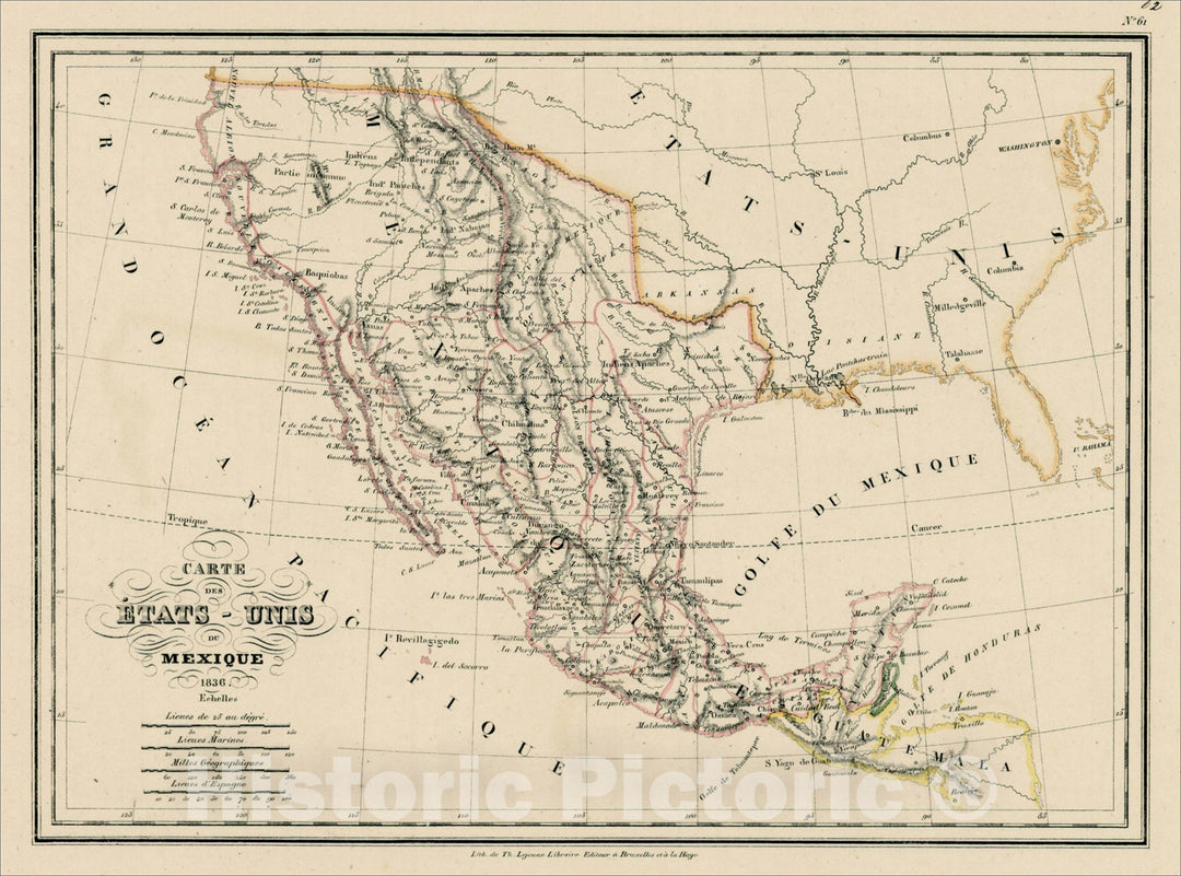 Historic Map : Carte Des Etats-Unis Du Mexique 1836 [Republic of Texas?], 1836, Th. Lejeune, Vintage Wall Art