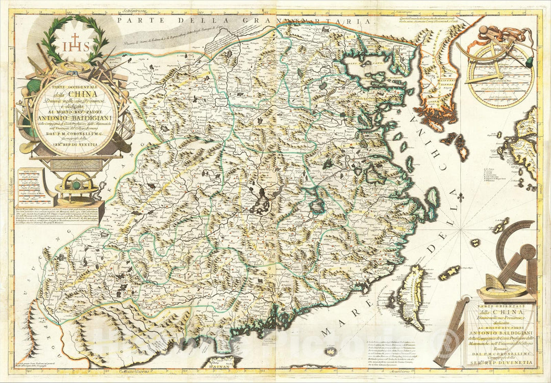 Historic Map : Parte Occidentale della China, with Parte Orientale della China , 1690, Vincenzo Maria Coronelli, Vintage Wall Art