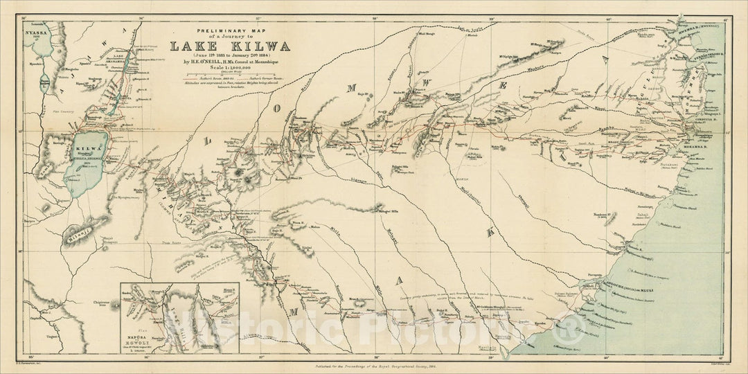 Historic Map : Preliminary Map of a Journey to Lake Kilwa (June 11th 1883 to January 2th 1884) by H.E. O'Neill, H.M's Consul at Mozambique, 1884, Vintage Wall Art