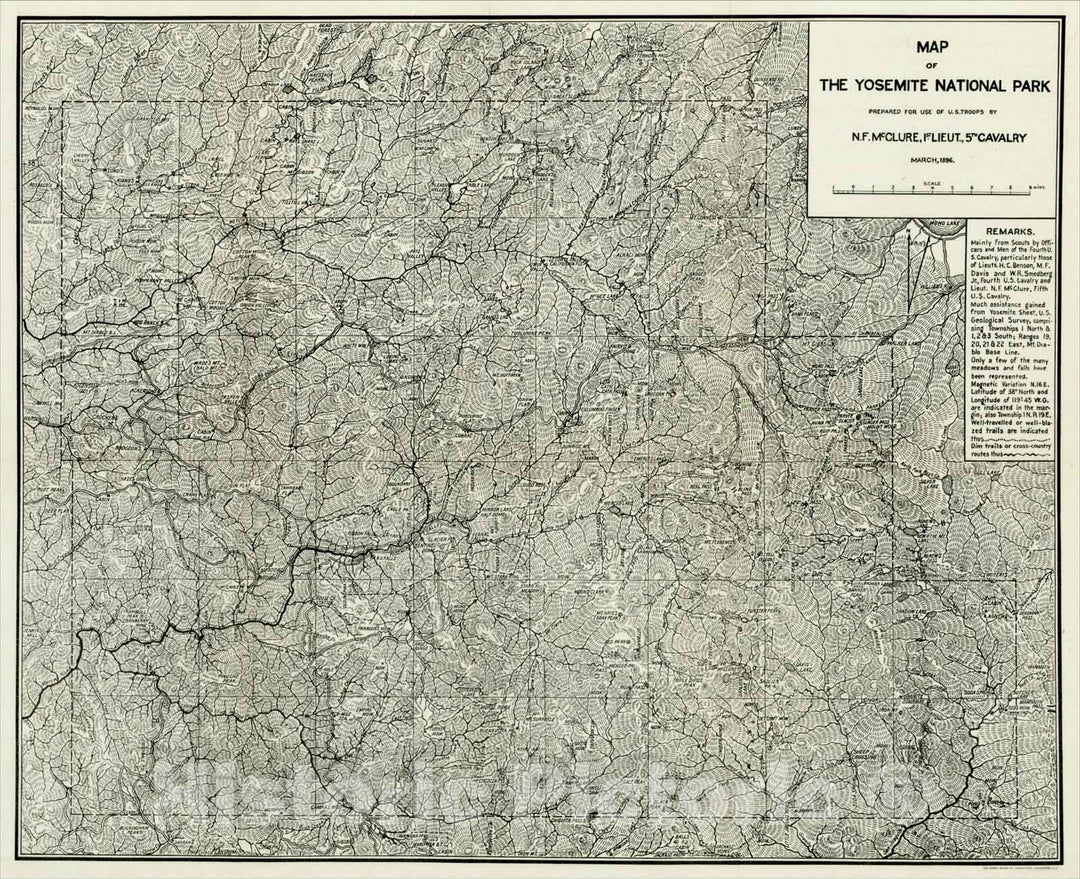 Historic Map : Map of the Yosemite National Park Prepared For Use of U.S. Troops By N.F. McClure, 1st Lieut, 5th Cavalry March 1896, 1896, U.S. Government, Vintage Wall Art