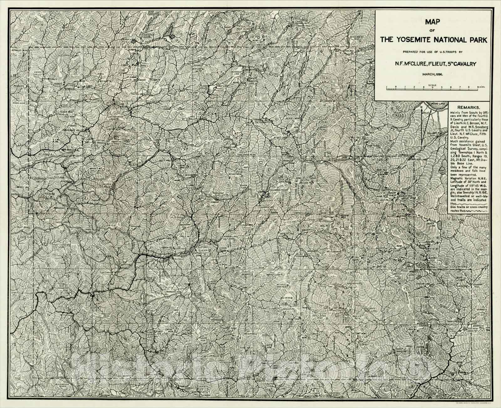 Historic Map : Map of the Yosemite National Park Prepared For Use of U.S. Troops By N.F. McClure, 1st Lieut, 5th Cavalry March 1896, 1896, U.S. Government, Vintage Wall Art