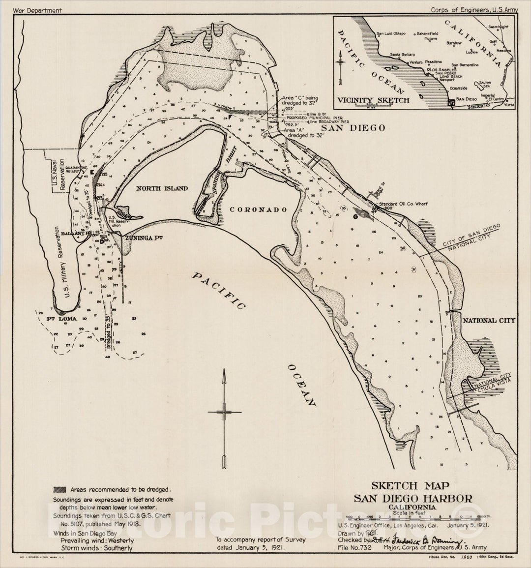 Historic Map : Sketch Map of San Diego Harbor, California, 1921, 1921, U.S. Army Corps of Engineers, Vintage Wall Art