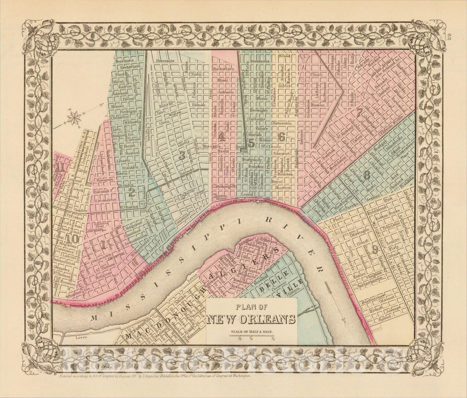 Historic Map : Plan of New Orleans, 1878, Samuel Augustus Mitchell Jr., Vintage Wall Art