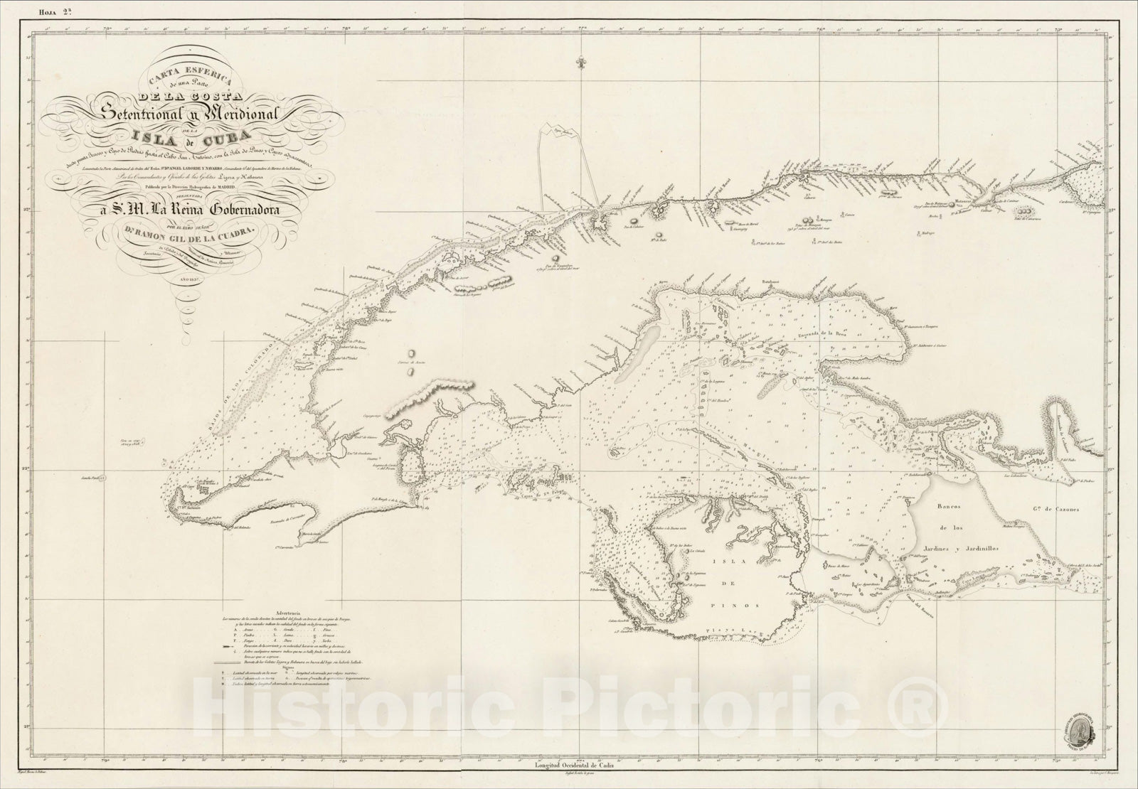 Historic Map : Carta Esferica De Una Parte de la Costa Setentrional y Meridional de la Isla de Cuba, 1837, Direccion Hidrografica de Madrid, Vintage Wall Art