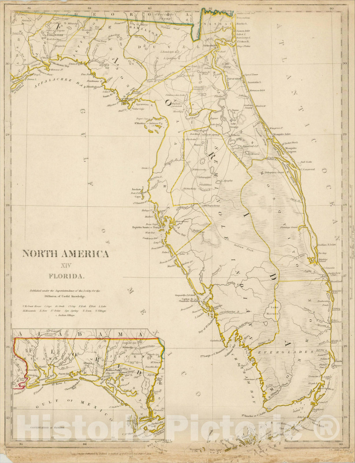 Historic Map : North America XIV Florida., 1834, SDUK, v7, Vintage Wall Art