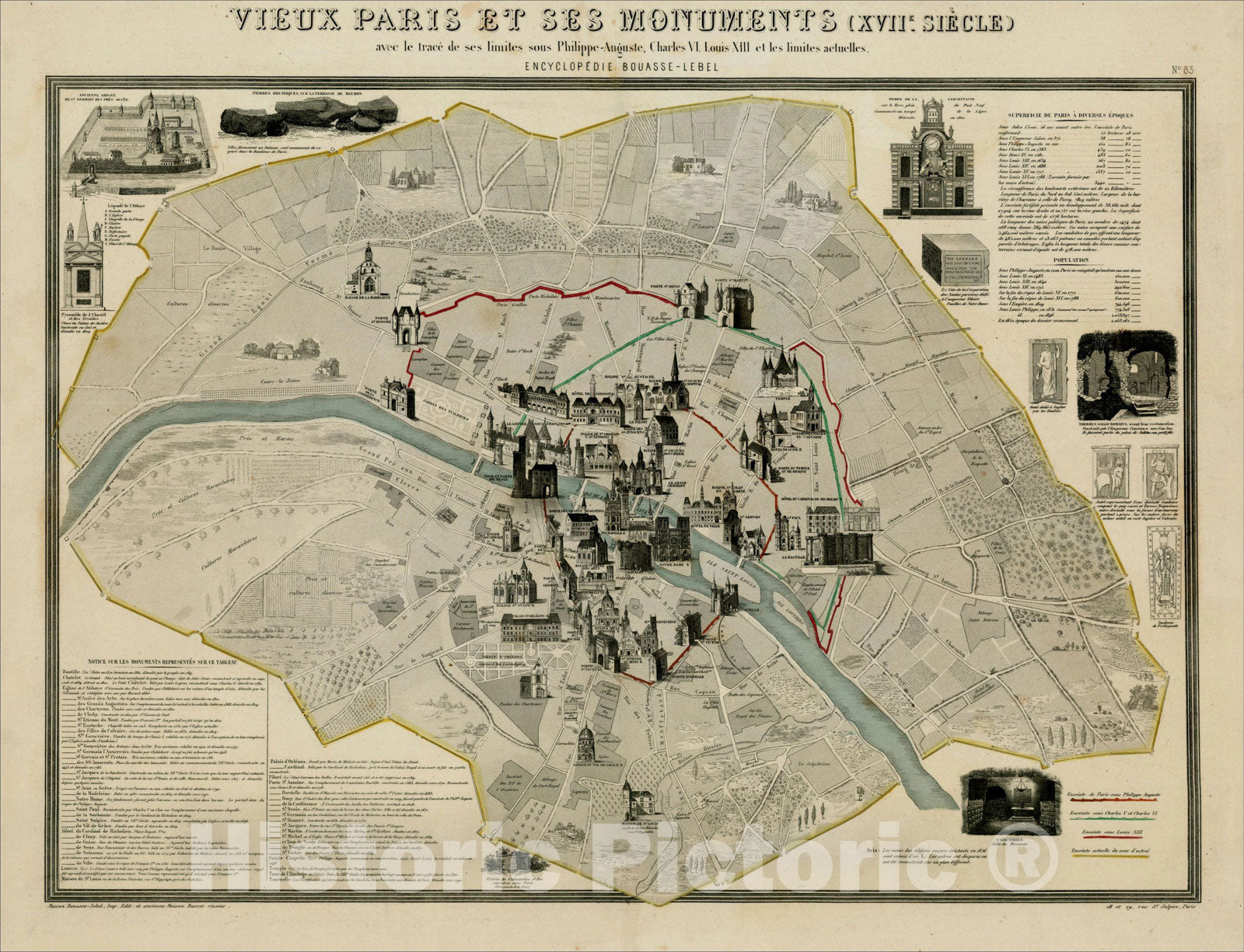 Historic Map : Vieux Paris et ses Monuments (XVIIe Siecle) avec le trace de ses limites sus Philippe-Auguste, c1860, Vintage Wall Art