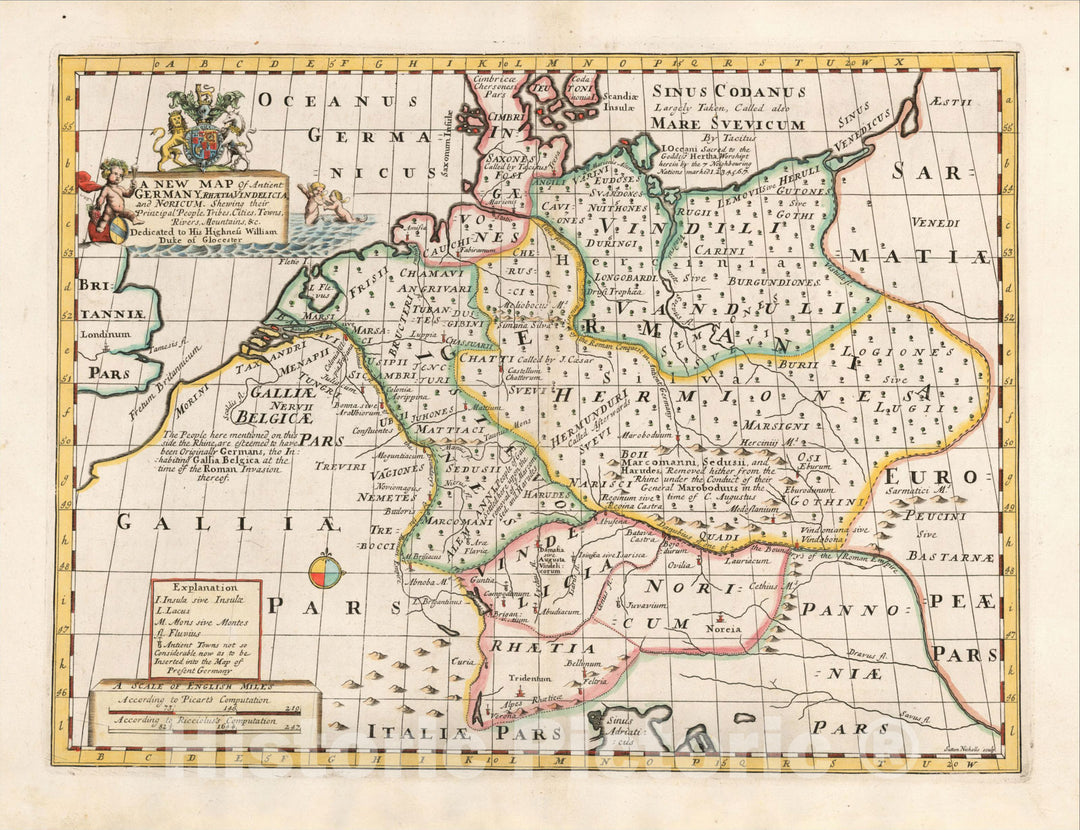 Historic Map : A New Map of Antient Germany, Rhaetia, Vindelicia, and Nordicum, 1712, Edward Wells, Vintage Wall Art