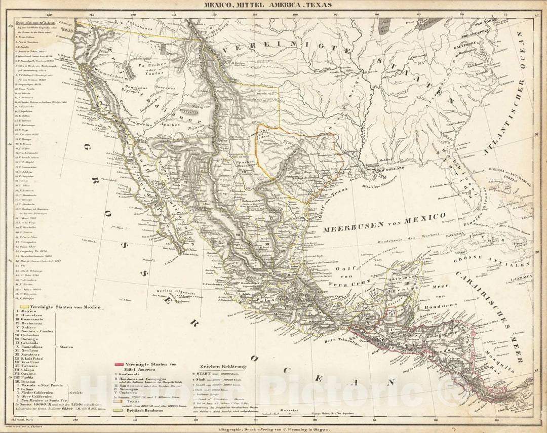 Historic Map : Mexico, Mittel-America, Texas [Republic of Texas], 1845, Carl Flemming, Vintage Wall Art