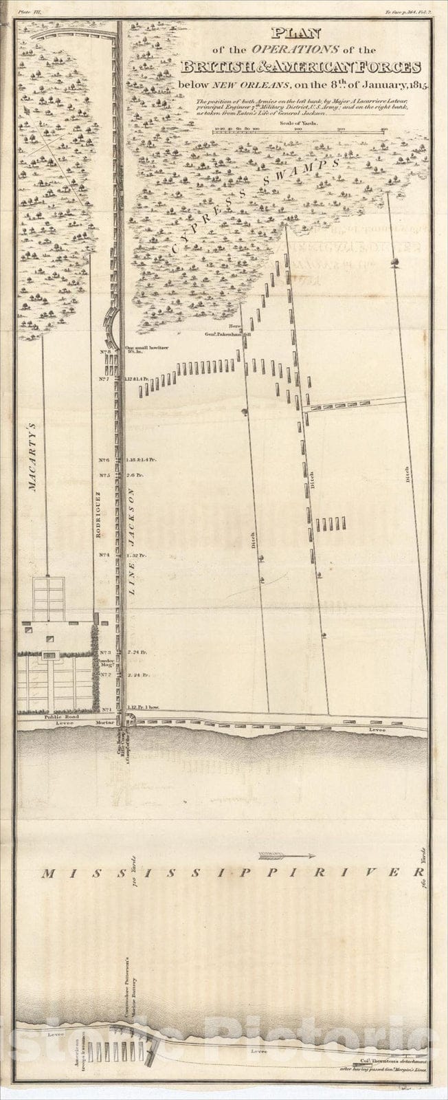 Historic Map : Plan of the Operations of the British & American Forces below New Orleans, on the 8th of January, 1815 . . ., 1818, William James, v1, Vintage Wall Art