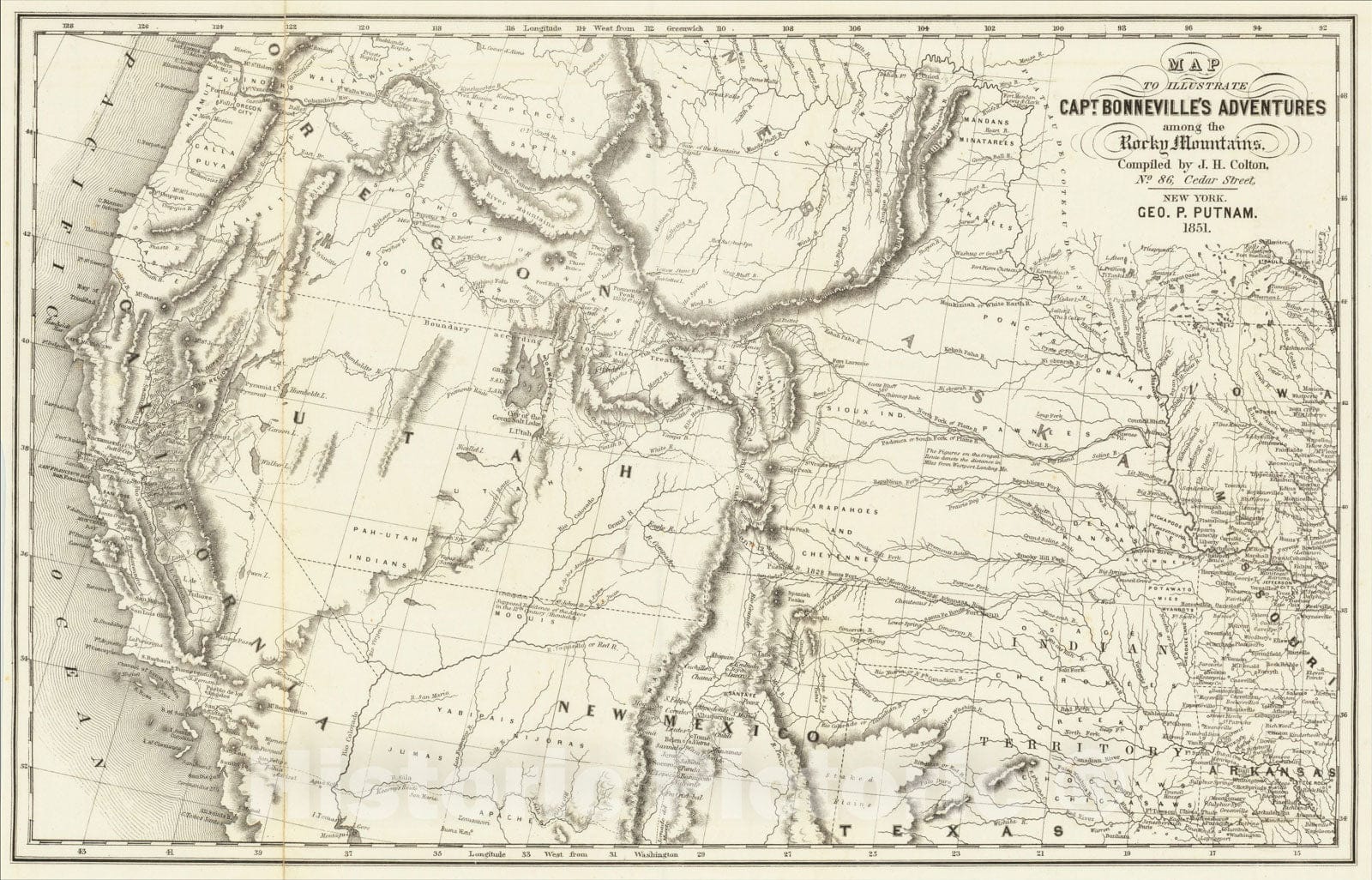 Historic Map : Map To Illustrate Capt. Bonneville's Adventures among the Rocky Mountains, 1851, 1851, Joseph Hutchins Colton, Vintage Wall Art