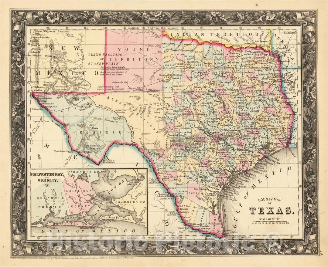 Historic Map : County Map of Texas, 1860, Samuel Augustus Mitchell Jr., Vintage Wall Art