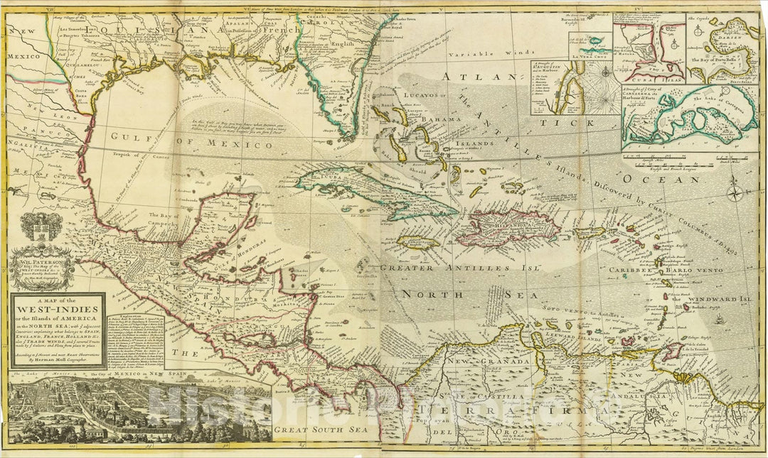 Historic Map : West-Indies with ye adjacent Countries; explaining what belongs to Spain, England, France, Holland, 1715, v2, Vintage Wall Art