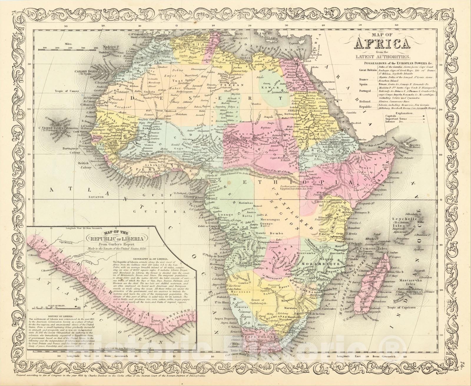 Historic Map : Map of Africa from the Latest Authorities, 1856, Charles Desilver, Vintage Wall Art