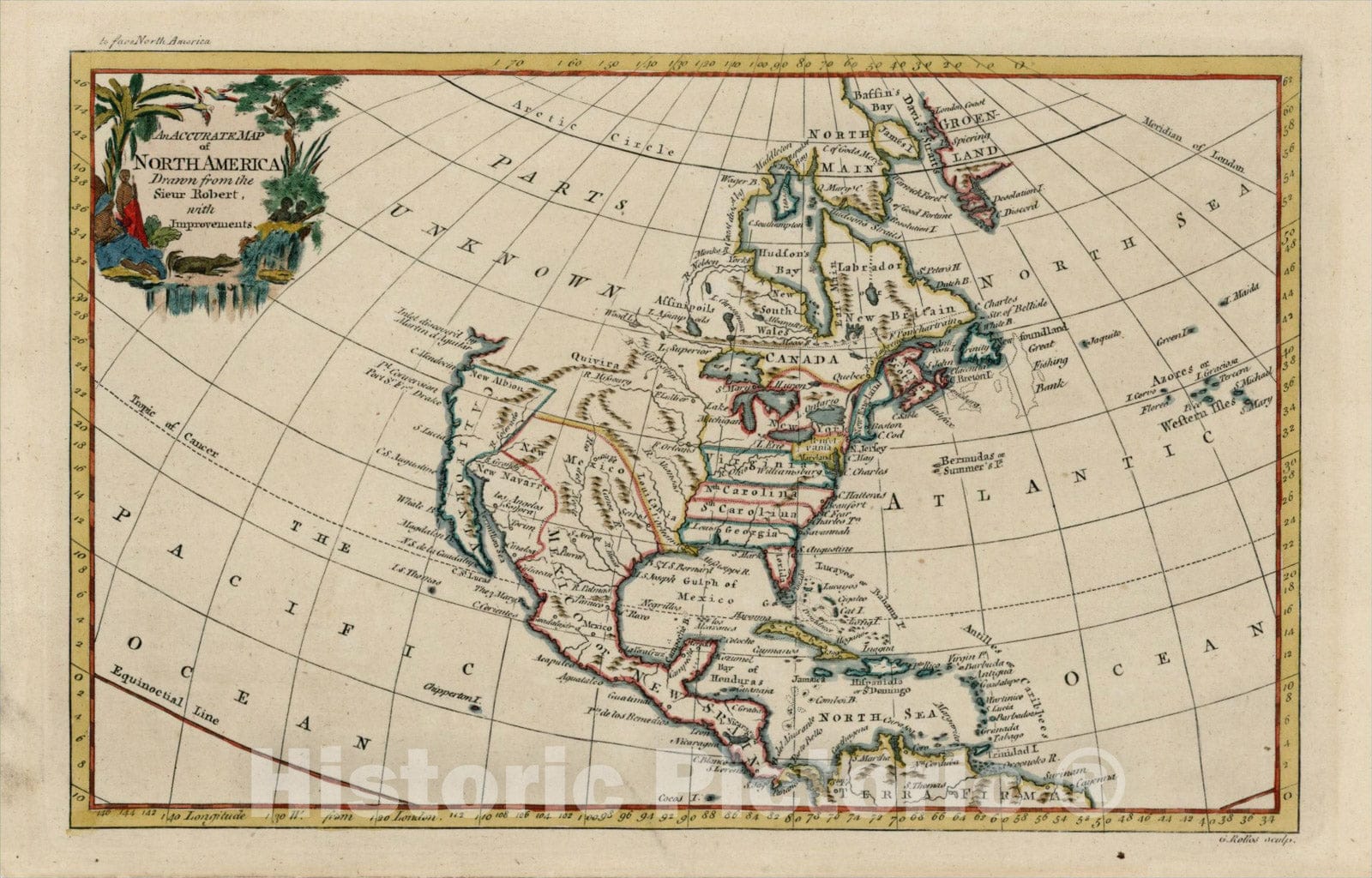 Historic Map : An Accurate Map of North America Drawn from the Sieur Robert, with Improvements., 1762, George Rollos, v1, Vintage Wall Art