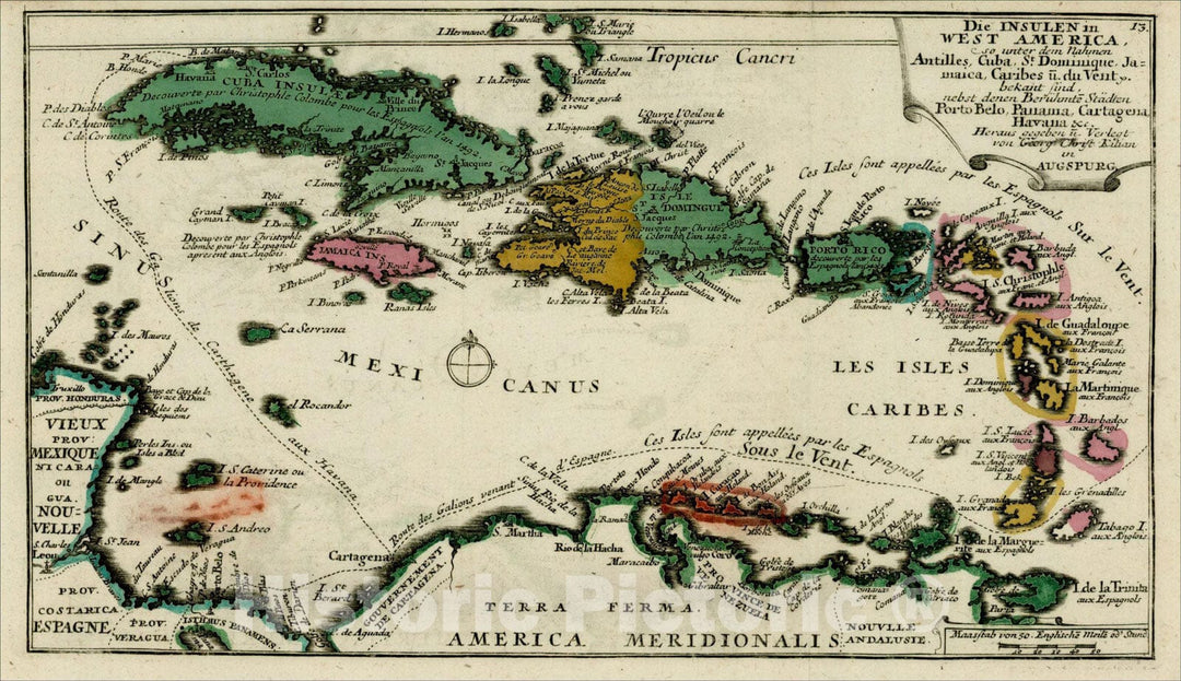 Historic Map : Die Insulen in West America so unter dem Nahmen Antilles, Cuba St, 1760, Christian Friedrich von der Heiden, Vintage Wall Art