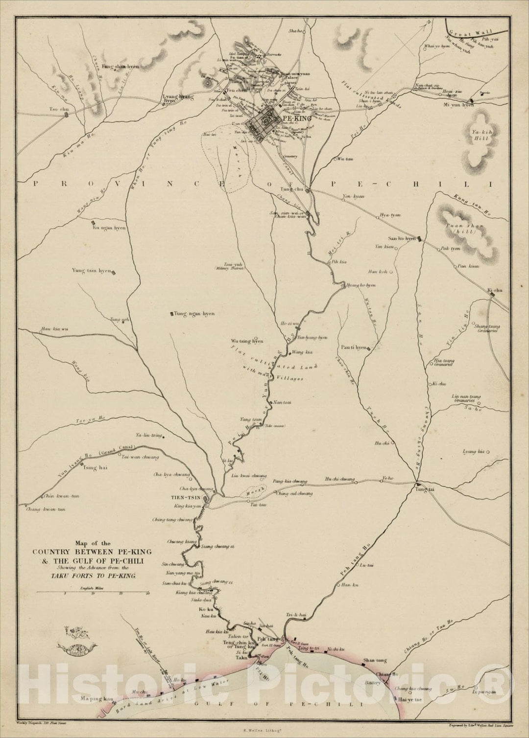 Historic Map : Map of the Country Between Pe-King & The Gulf of Pe-Chini Showing the Advance from the Taku Forts To Pe-King, c1860, Edward Weller, Vintage Wall Art