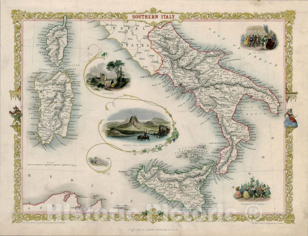 Historic Map : Southern Italy [Sicily, Sardinia, Corsica], 1851, John Tallis, v5, Vintage Wall Art