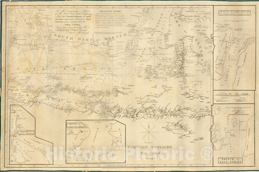 Historic Map : Eastern Passages To China Sheet 1 (Java, Bali, Lombock, Sumbawa, Southern Borneo, Celebes, etc.), 1848, James Horsburgh, Vintage Wall Art