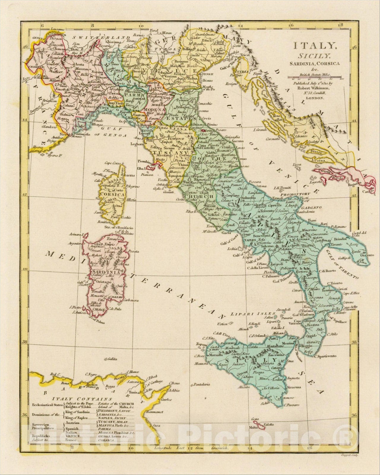 Historic Map : Italy, Sicily, Sardinia, Corsica &c, 181, 1810, Robert Wilkinson, Vintage Wall Art