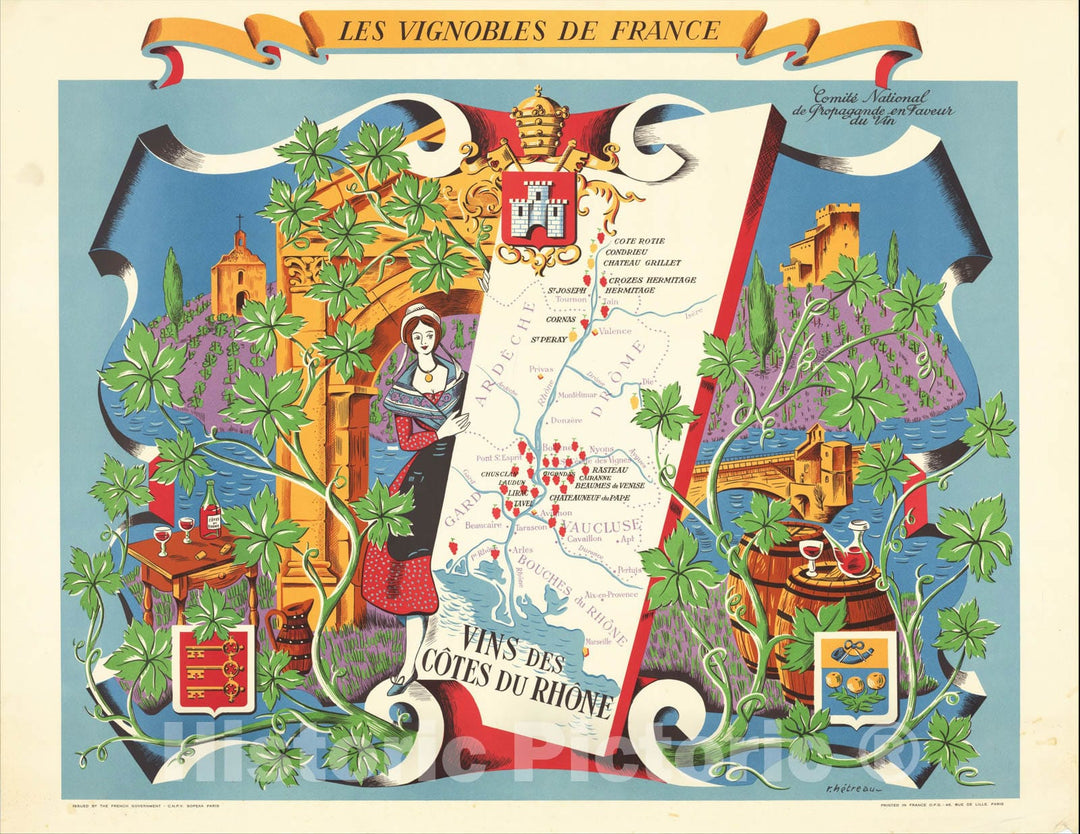 Historic Map : Les Vignobles De France - Vins de Cote du Rhone (The Vineyards of France - Wines of the Cote du Rhone Region -- Chateauneuf de Pape), 1954, Vintage Wall Art