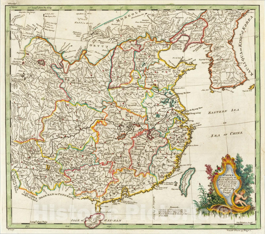 Historic Map : China as Surveyed by the Jesuit Missionaries between the Years 1708 and 1717 with Korea and the adjoining parts of Tartary, 1770, Thomas Kitchin, Vintage Wall Art